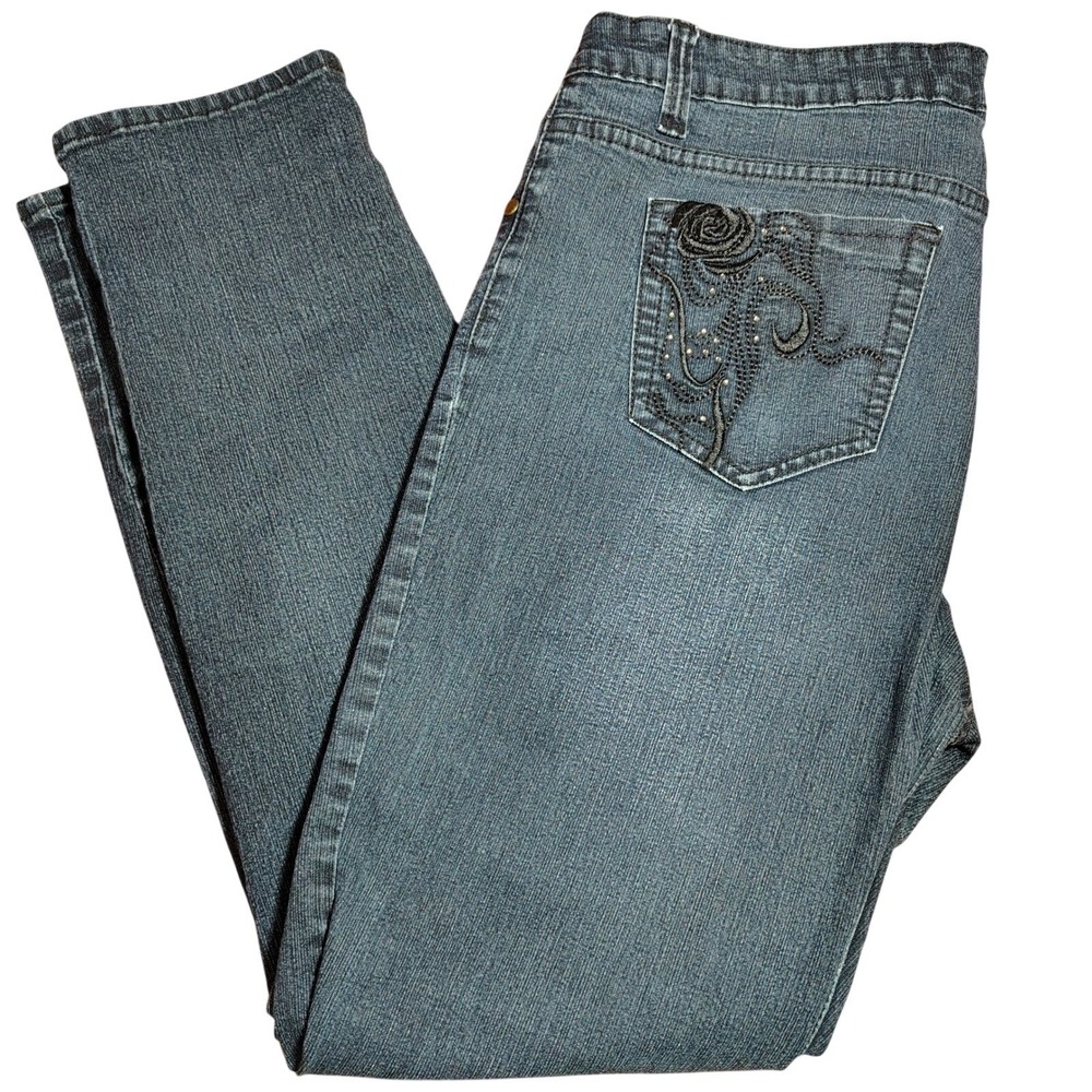 L A S T Jeans Women's Size 14 Blue Embellished Pocket Denim Straight‎ Leg Pants